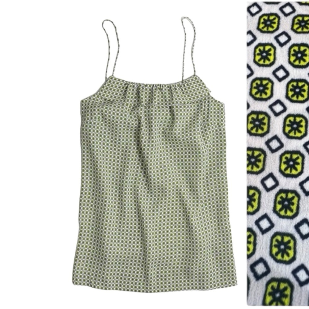 J.Crew ** Silky Neon Green Blue Geometric Ruffle Top Camisole Tank Size0 C3543